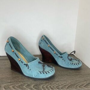 Sam Edelman slip on Blue Wedge Moccasins. Size 9.5. Y2K 90’s. Heels. Suede. Used